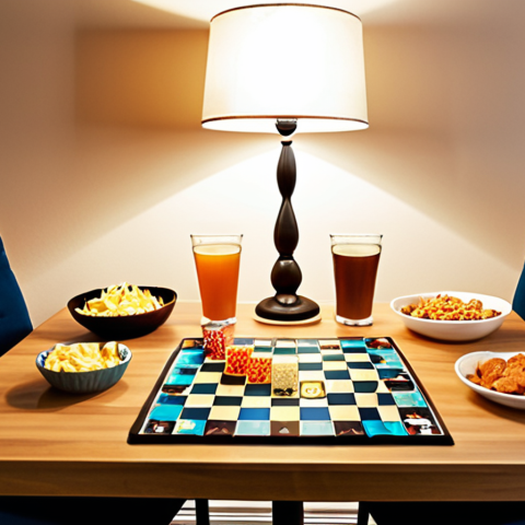 **A cozy game night scene:** Soft lighting from a dimmable LED lamp illuminating a board game on a smooth, matte-finish table. Comfortable ergonomic chairs surround the table. In the background, a snack station with neatly arranged finger foods and drinks. The atmosphere is inviting and focused.
