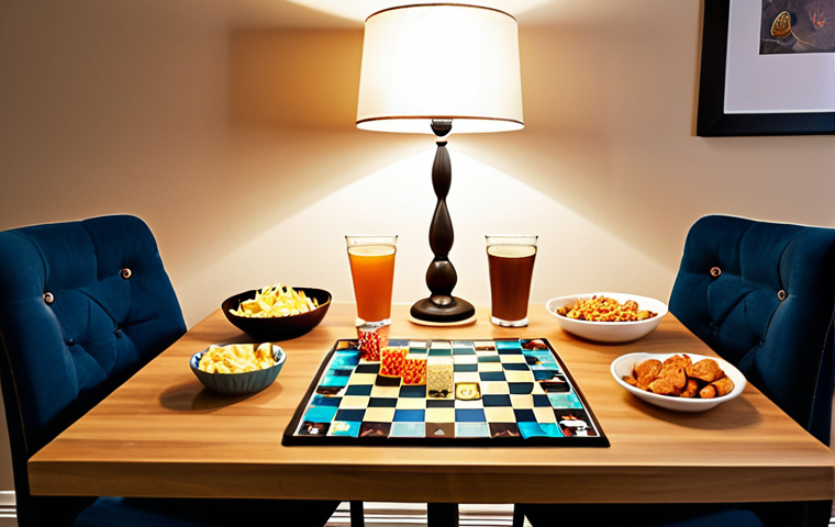 **A cozy game night scene:** Soft lighting from a dimmable LED lamp illuminating a board game on a smooth, matte-finish table. Comfortable ergonomic chairs surround the table. In the background, a snack station with neatly arranged finger foods and drinks. The atmosphere is inviting and focused.