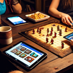 **Prompt:** A warmly lit, inviting game room. A diverse group of friends is gathered around a table engrossed in a "Gloomhaven" game. Close-up on one player using a tablet to access a Facebook strategy guide for the game, with the Facebook page subtly visible on the screen. Snacks and drinks are scattered around the table, creating a cozy and immersive atmosphere.