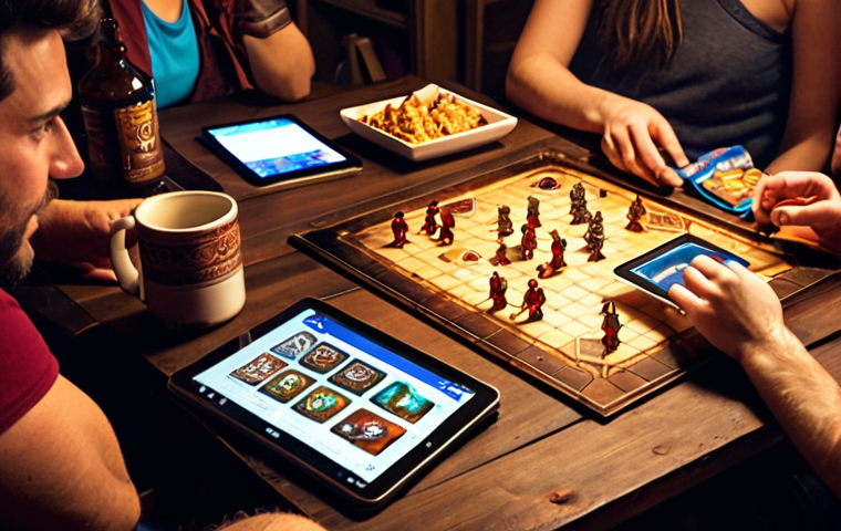 **Prompt:** A warmly lit, inviting game room. A diverse group of friends is gathered around a table engrossed in a "Gloomhaven" game. Close-up on one player using a tablet to access a Facebook strategy guide for the game, with the Facebook page subtly visible on the screen. Snacks and drinks are scattered around the table, creating a cozy and immersive atmosphere.
