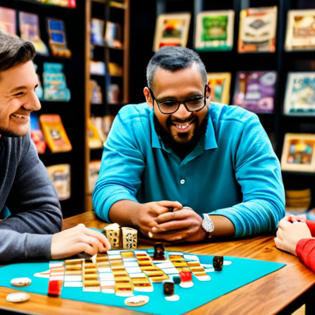 A diverse group of four adult friends, fully clothed in modest, casual attire, gathered around a large wooden table. They are deeply engaged in playing a modern board game, with game pieces, cards, and dice spread across the table. One person is rolling dice, another is studying their hand of cards, and two others are looking at the game board with expressions of strategic thought and friendly enjoyment. The scene is set inside a brightly lit, welcoming local game store, with shelves packed with various board games in the background. The atmosphere is warm and inviting, emphasizing community and shared passion. professional photography, high detail, perfect anatomy, correct proportions, natural pose, well-formed hands, proper finger count, natural body proportions, crisp focus, vibrant colors, appropriate content, safe for work, fully clothed, family-friendly.