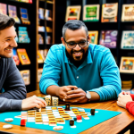 A diverse group of four adult friends, fully clothed in modest, casual attire, gathered around a large wooden table. They are deeply engaged in playing a modern board game, with game pieces, cards, and dice spread across the table. One person is rolling dice, another is studying their hand of cards, and two others are looking at the game board with expressions of strategic thought and friendly enjoyment. The scene is set inside a brightly lit, welcoming local game store, with shelves packed with various board games in the background. The atmosphere is warm and inviting, emphasizing community and shared passion. professional photography, high detail, perfect anatomy, correct proportions, natural pose, well-formed hands, proper finger count, natural body proportions, crisp focus, vibrant colors, appropriate content, safe for work, fully clothed, family-friendly.