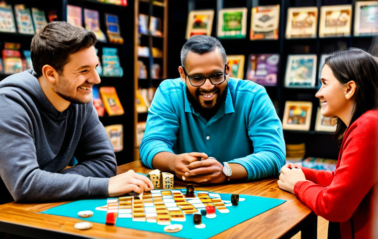 A diverse group of four adult friends, fully clothed in modest, casual attire, gathered around a large wooden table. They are deeply engaged in playing a modern board game, with game pieces, cards, and dice spread across the table. One person is rolling dice, another is studying their hand of cards, and two others are looking at the game board with expressions of strategic thought and friendly enjoyment. The scene is set inside a brightly lit, welcoming local game store, with shelves packed with various board games in the background. The atmosphere is warm and inviting, emphasizing community and shared passion. professional photography, high detail, perfect anatomy, correct proportions, natural pose, well-formed hands, proper finger count, natural body proportions, crisp focus, vibrant colors, appropriate content, safe for work, fully clothed, family-friendly.