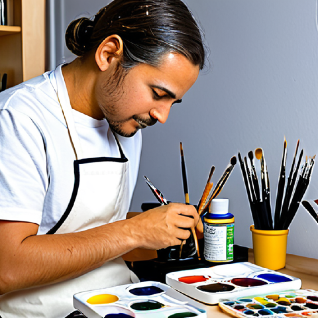 A focused professional miniature painter, wearing a modest, comfortable t-shirt and practical apron, diligently applies a fine detail to a small fantasy character miniature using a tiny brush. The painter is seated at a brightly lit hobby desk, surrounded by organized pots of acrylic paints, various brushes, and a wet palette. Several other perfectly painted miniatures are visible on display shelves behind them. The scene captures the essence of a dedicated artist at work, with professional photography. The lighting is bright and even. fully clothed, appropriate attire, safe for work, professional, perfect anatomy, correct proportions, natural pose, well-formed hands, proper finger count, natural body proportions, appropriate content.