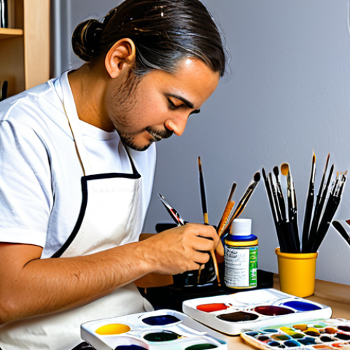 Home 9 A focused professional miniature painter, wearing a modest, comfortable t-shirt and practical apron, diligently applies a fine detail to a small fantasy character miniature using a tiny brush. The painter is seated at a brightly lit hobby desk, surrounded by organized pots of acrylic paints, various brushes, and a wet palette. Several other perfectly painted miniatures are visible on display shelves behind them. The scene captures the essence of a dedicated artist at work, with professional photography. The lighting is bright and even. fully clothed, appropriate attire, safe for work, professional, perfect anatomy, correct proportions, natural pose, well-formed hands, proper finger count, natural body proportions, appropriate content.