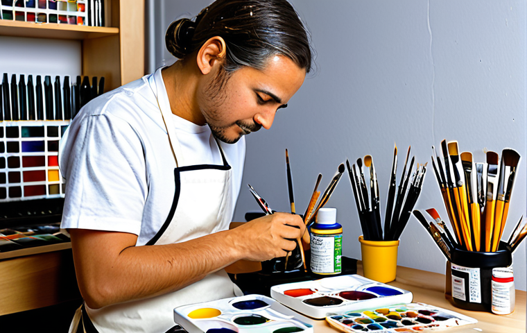 A focused professional miniature painter, wearing a modest, comfortable t-shirt and practical apron, diligently applies a fine detail to a small fantasy character miniature using a tiny brush. The painter is seated at a brightly lit hobby desk, surrounded by organized pots of acrylic paints, various brushes, and a wet palette. Several other perfectly painted miniatures are visible on display shelves behind them. The scene captures the essence of a dedicated artist at work, with professional photography. The lighting is bright and even. fully clothed, appropriate attire, safe for work, professional, perfect anatomy, correct proportions, natural pose, well-formed hands, proper finger count, natural body proportions, appropriate content.