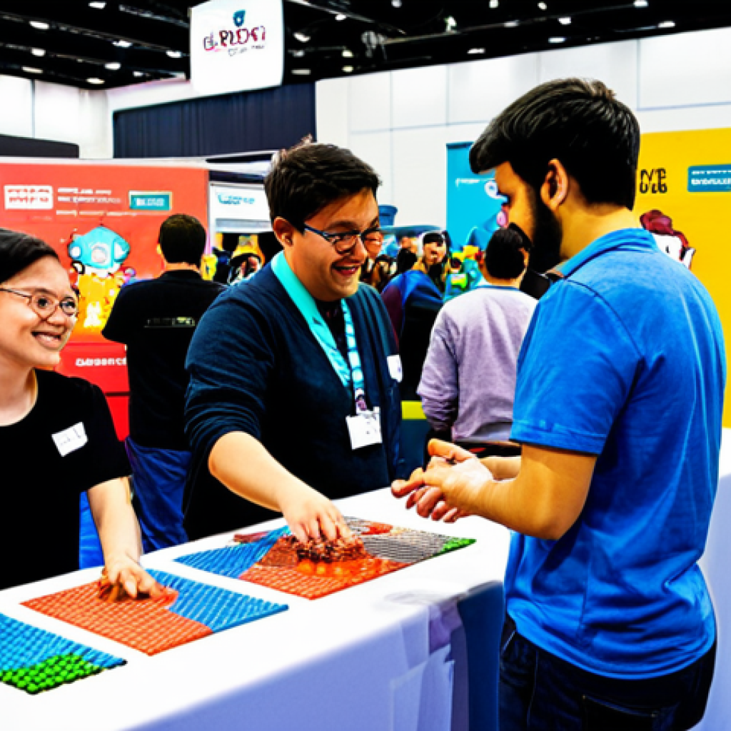 보드게임 전시회 리뷰 - Indie Game Developers Showcase** "A vibrant and bustling indie game expo booth, showcasing a cooper...