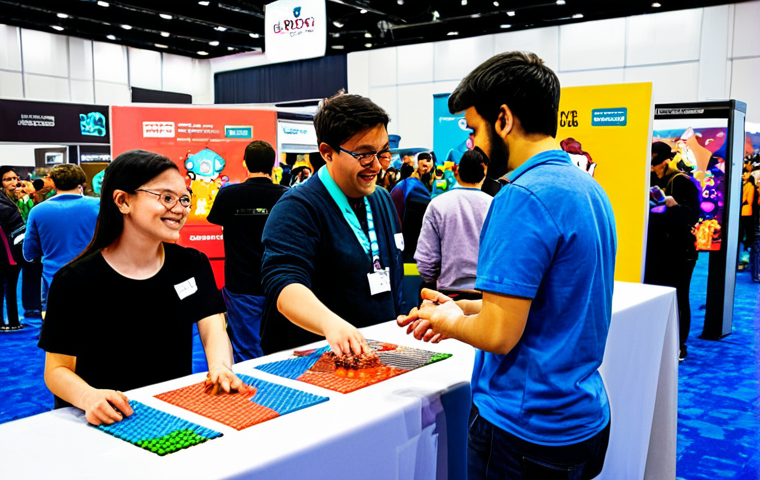 보드게임 전시회 리뷰 - Indie Game Developers Showcase** "A vibrant and bustling indie game expo booth, showcasing a cooper...