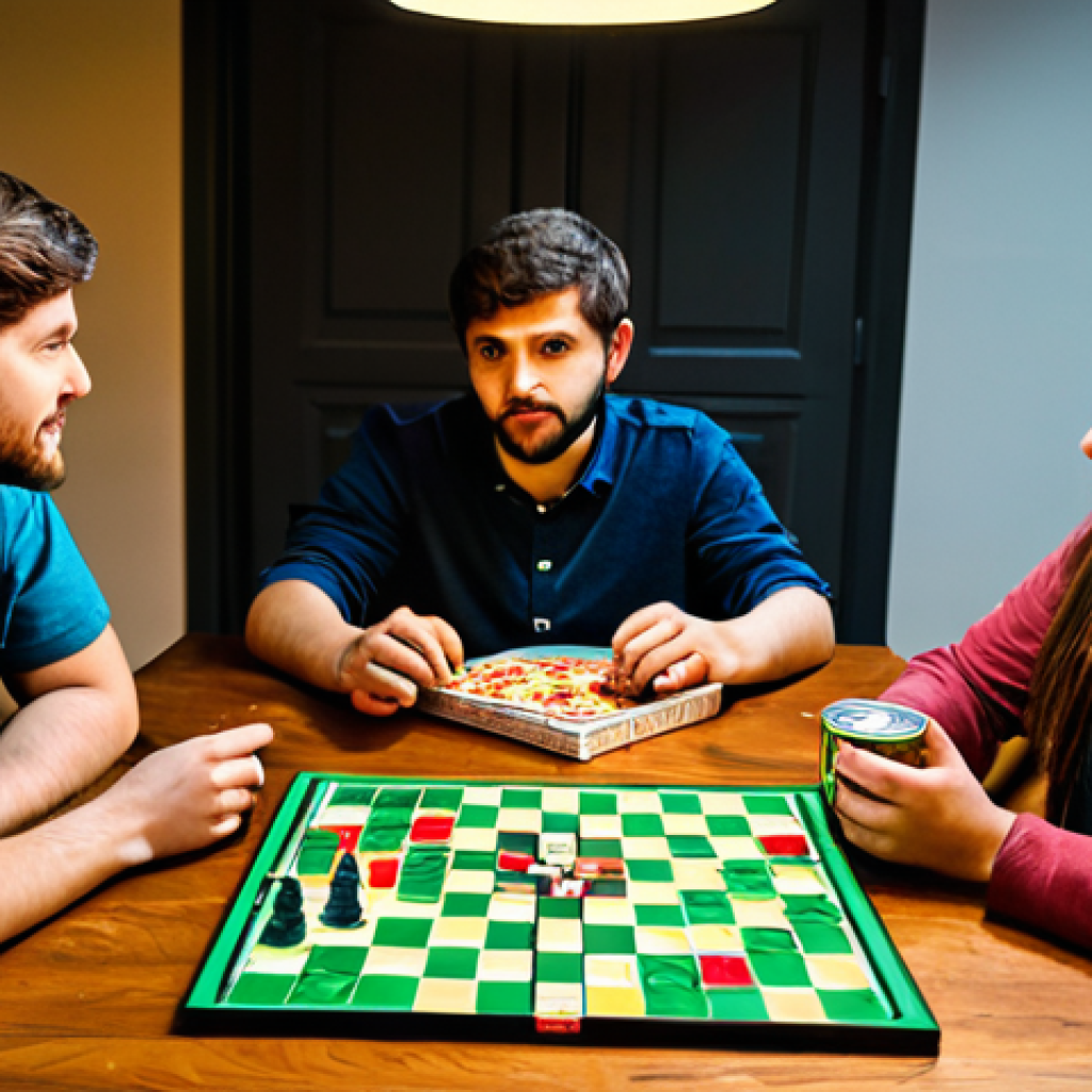 보드게임 트렌드 분석 - Cooperative Game Night** "A group of four friends, fully clothed in casual attire, sitting around a...