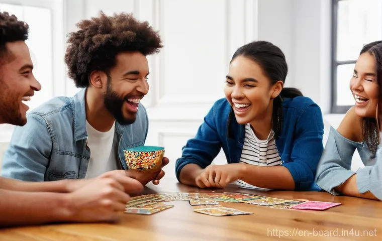 보드게임 추천 뉴스레터 - **Vibrant Party Game Night:** A dynamic, wide shot of six diverse friends (young adults, 18-30s, dre...