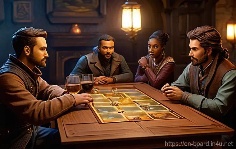보드게임 추천 뉴스레터 - **Intense Eurogame Strategy Session:** A focused, slightly overhead view of three to four adults (25...
