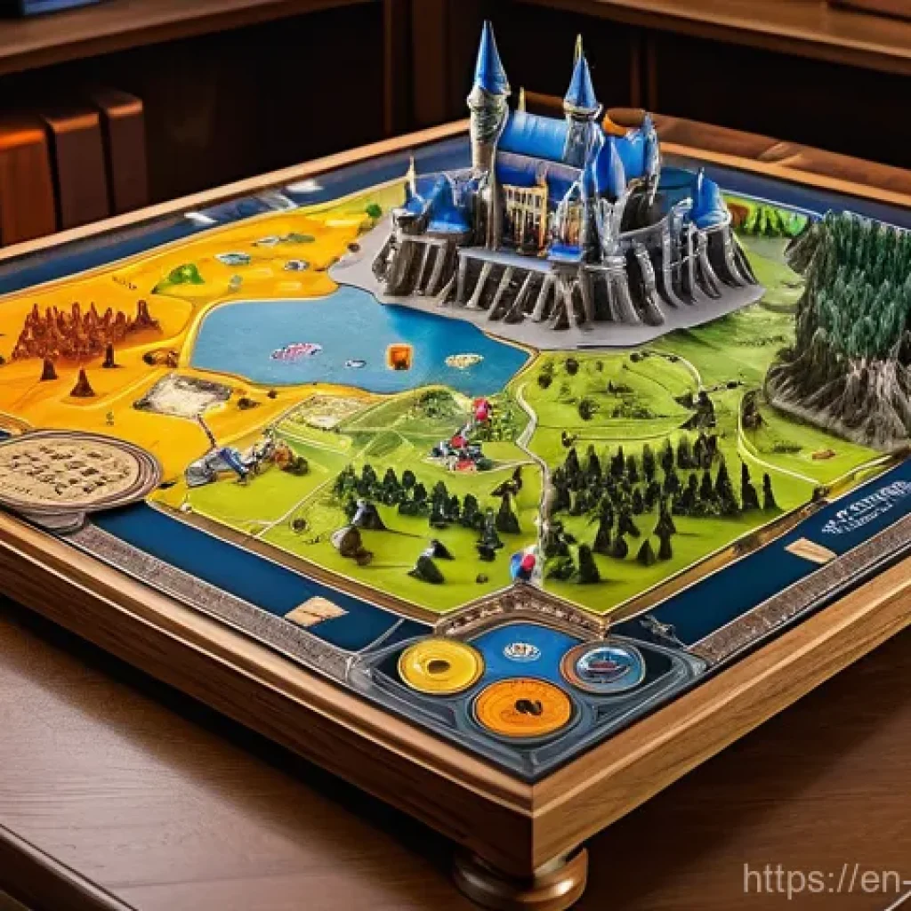 보드게임 특허 정보 - A highly detailed, epic wide shot of a fantastical board game setup on a large, sturdy oak table, re...