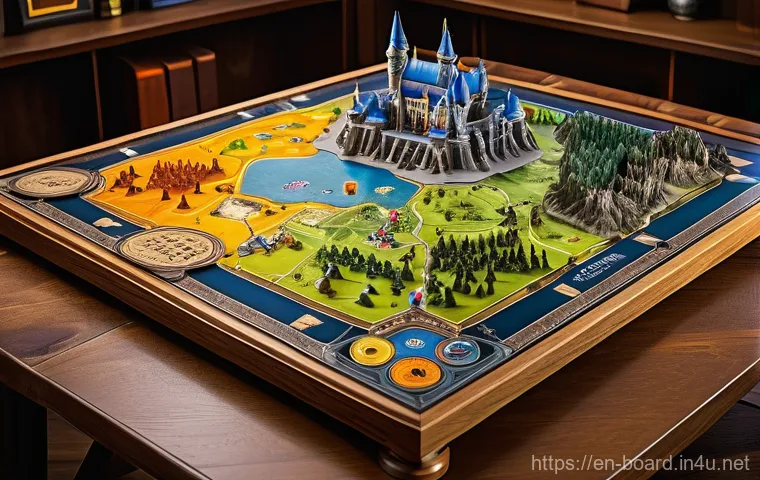 보드게임 특허 정보 - A highly detailed, epic wide shot of a fantastical board game setup on a large, sturdy oak table, re...
