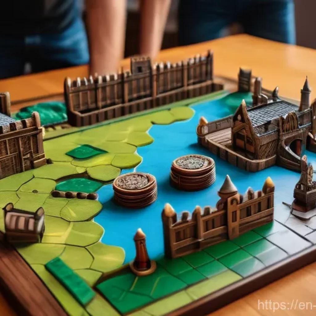 보드게임 트렌드 변천사 - A top-down, detailed shot of a beautifully crafted Eurogame set up on a wooden table. The game board...