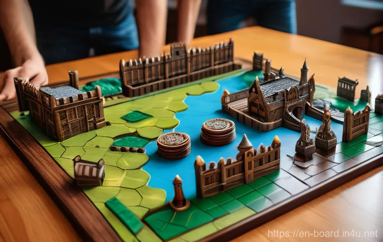 보드게임 트렌드 변천사 - A top-down, detailed shot of a beautifully crafted Eurogame set up on a wooden table. The game board...
