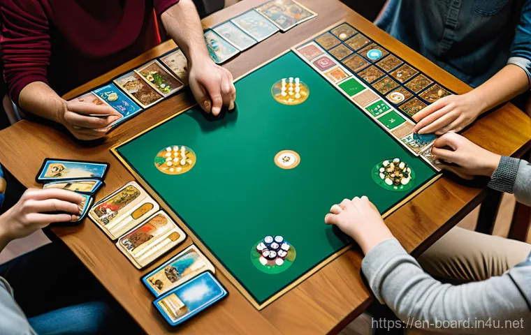 보드게임 트렌드 변천사 - A top-down, detailed shot of a beautifully crafted Eurogame set up on a wooden table. The game board...