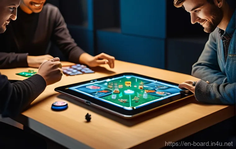 보드게임 트렌드 변천사 - A vibrant, cooperative board game night scene featuring four diverse adult friends (two men, two wom...