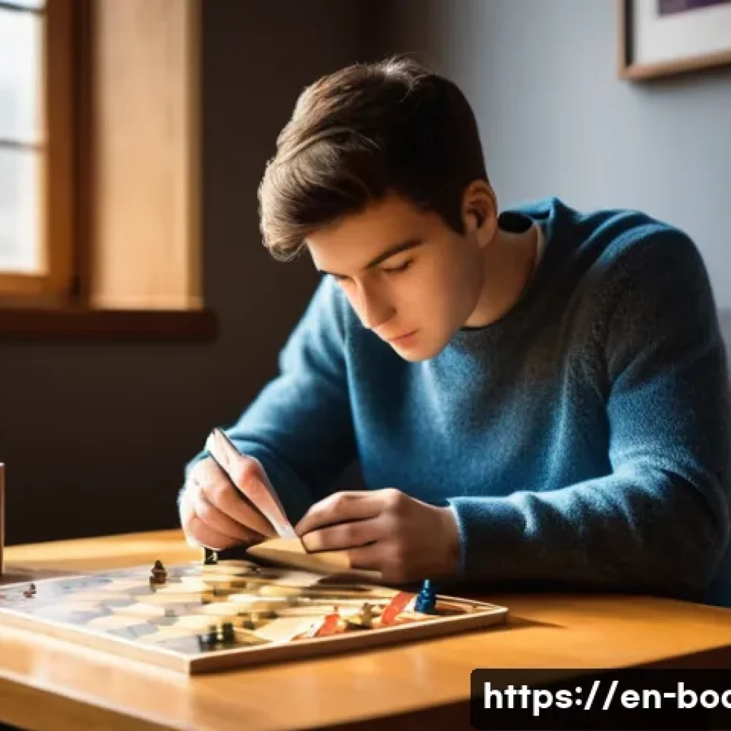 보드게임 전문 서적 - **Prompt:** A cozy, well-lit study corner. A young adult, dressed in a comfortable sweater and jeans...