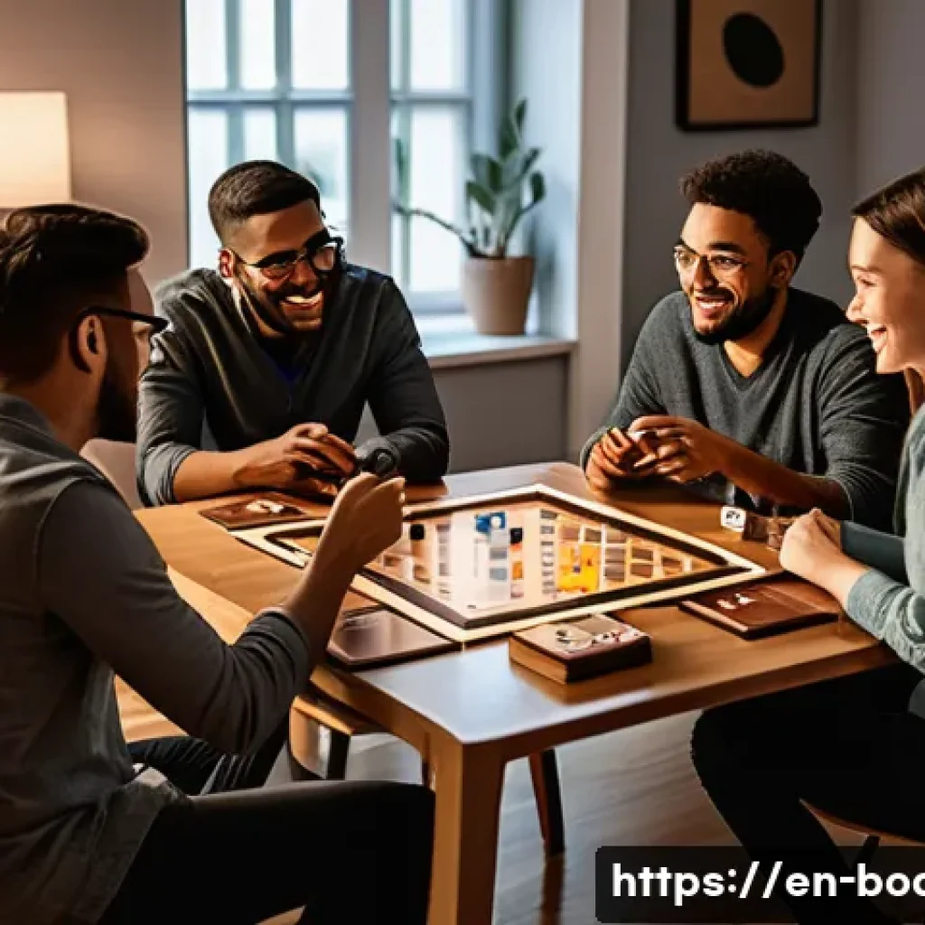 보드게임의 미래 전망 - A cozy board game night scene in a modern living room featuring diverse players gathered around a ta...