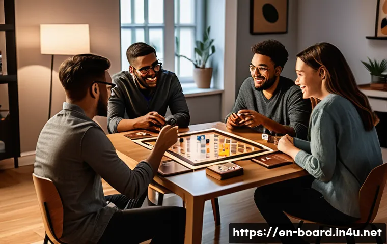 보드게임의 미래 전망 - A cozy board game night scene in a modern living room featuring diverse players gathered around a ta...