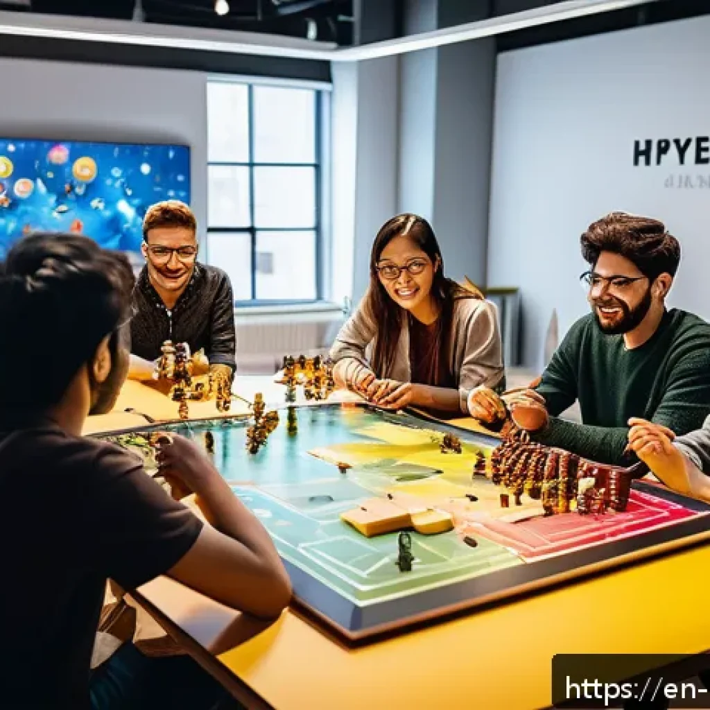 보드게임과 크라우드펀딩 - A vibrant, dynamic scene of a diverse group of independent game designers collaborating in a bright ...