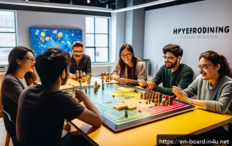 보드게임과 크라우드펀딩 - A vibrant, dynamic scene of a diverse group of independent game designers collaborating in a bright ...