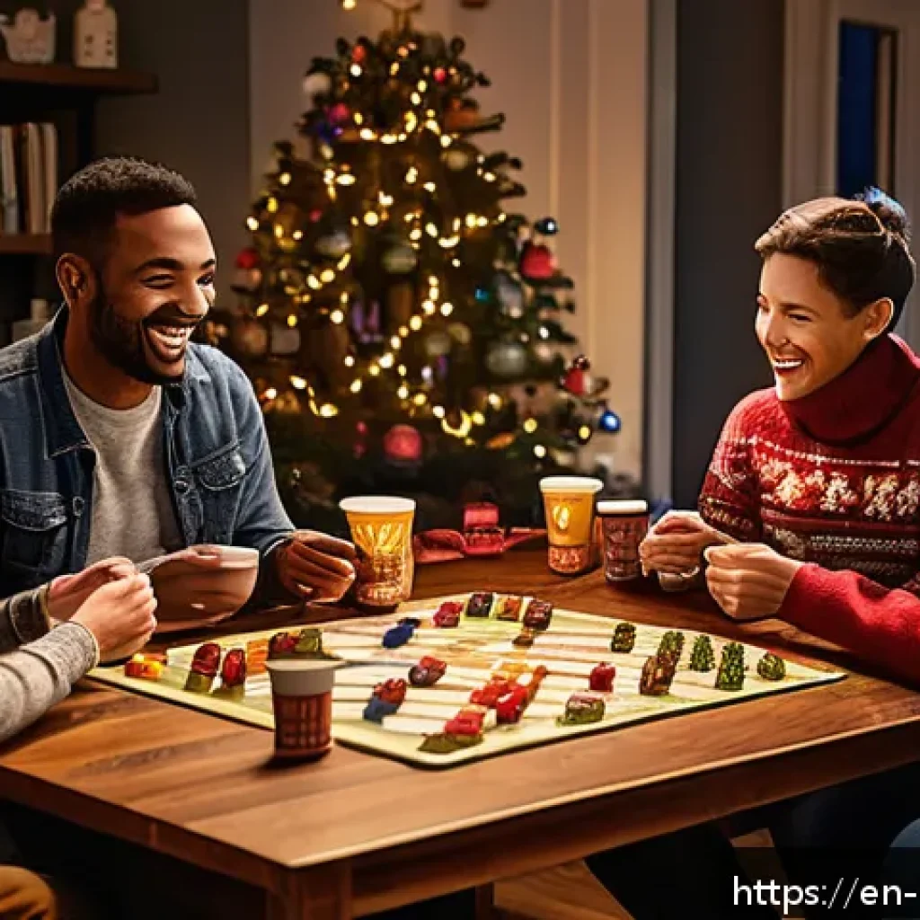 보드게임 프로모션 이벤트 - A cozy holiday-themed board game night scene inside a warmly lit living room decorated with string l...