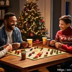 Home 22 보드게임 프로모션 이벤트 - A cozy holiday-themed board game night scene inside a warmly lit living room decorated with string l...