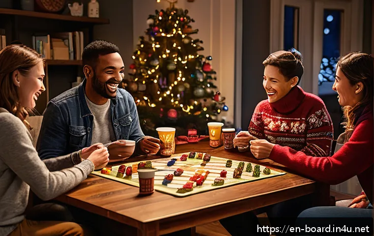 보드게임 프로모션 이벤트 - A cozy holiday-themed board game night scene inside a warmly lit living room decorated with string l...