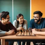 Home 19 보드게임 동호회 운영법 - A cozy and spacious board game club meeting room filled with diverse players warmly greeting each ot...