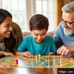 Home 18 보드게임 연령별 즐거움 - A cozy family game night scene in a warm, softly lit living room featuring a diverse family of four ...