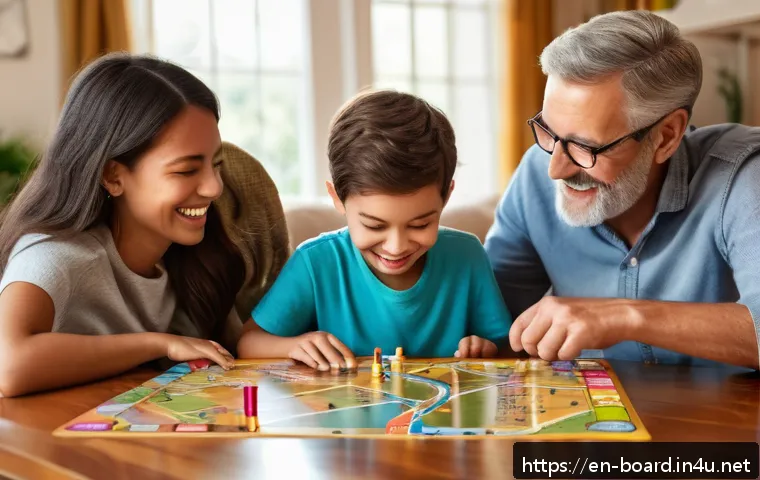 보드게임 연령별 즐거움 - A cozy family game night scene in a warm, softly lit living room featuring a diverse family of four ...