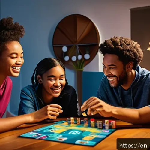 Home 17 보드게임 글로벌 시장 - A cozy game night scene featuring a diverse group of adults and teenagers gathered around a wooden t...