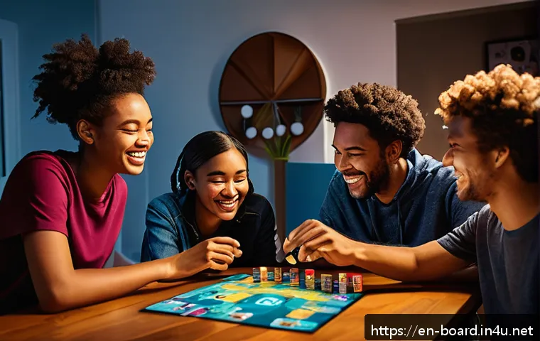 보드게임 글로벌 시장 - A cozy game night scene featuring a diverse group of adults and teenagers gathered around a wooden t...
