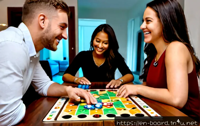 Home 17 보드게임 트렌드 동향 - Photorealistic modern tabletop game night in a bright American apartment, diverse group of adult fri...