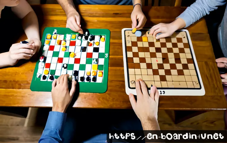 보드게임 플레이 팁 - Photorealistic overhead scene of four adult friends playing a modern tabletop strategy game at a war...