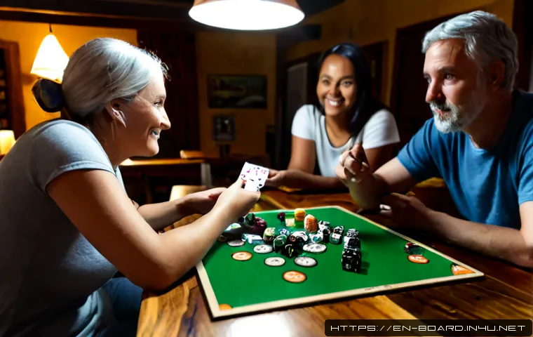 보드게임 서바이벌 이벤트 - Photorealistic board game survival event in a cozy community hall, four diverse adult friends gather...