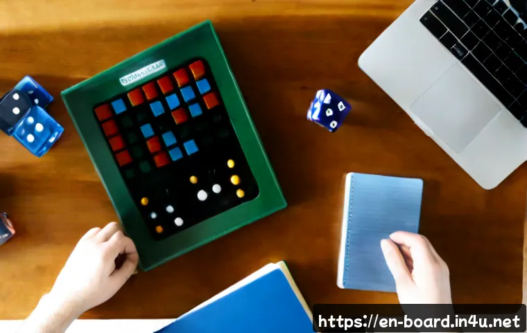 보드게임 리뷰 작성법 - Photorealistic overhead scene of a board game reviewer’s workspace, an adult’s hands arranging color...
